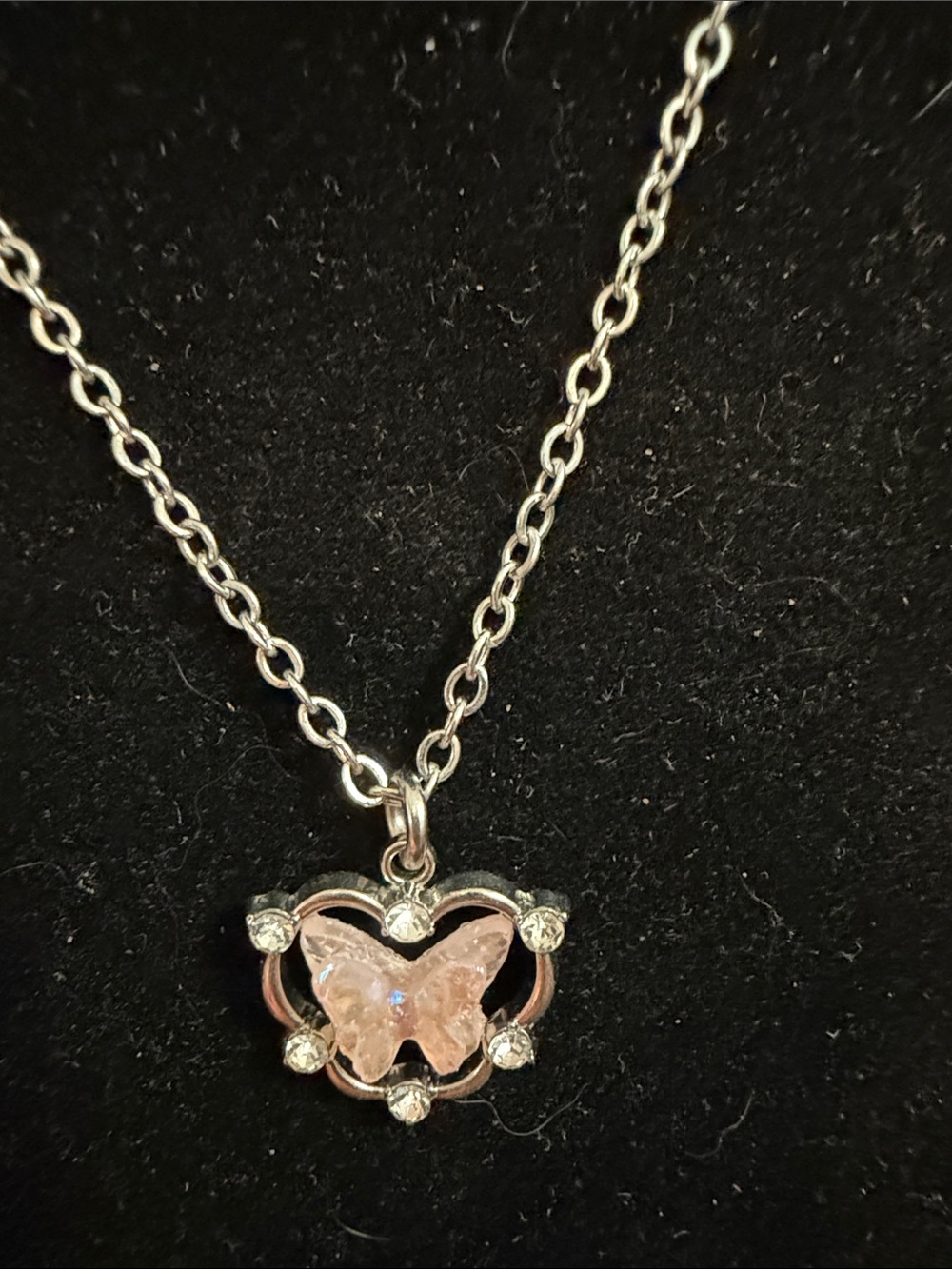 Silver Tone Butterfly Pendant Necklace in Pink Shell